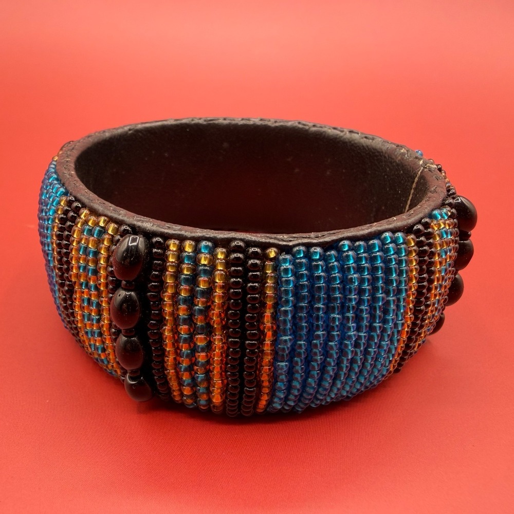 Seed Bead Wide Bangle Bracelet Blue Gold Tone Brown Tribal Statement Artisan
